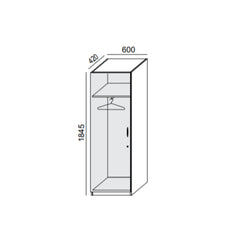 Garderobes skapis PRO LINE, apģērba stanga un plaukts, 1845x600x420 mm, pamatnes rāmis, konfigurējams - Ergostock.lv
