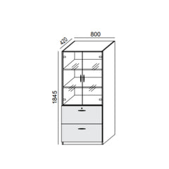 Biroja skapis PRO LINE, 2 atvilktnes+ 3 stikloti plaukti, 1845x800x420 mm, pamatnes rāmis, konfigurējams - Ergostock.lv