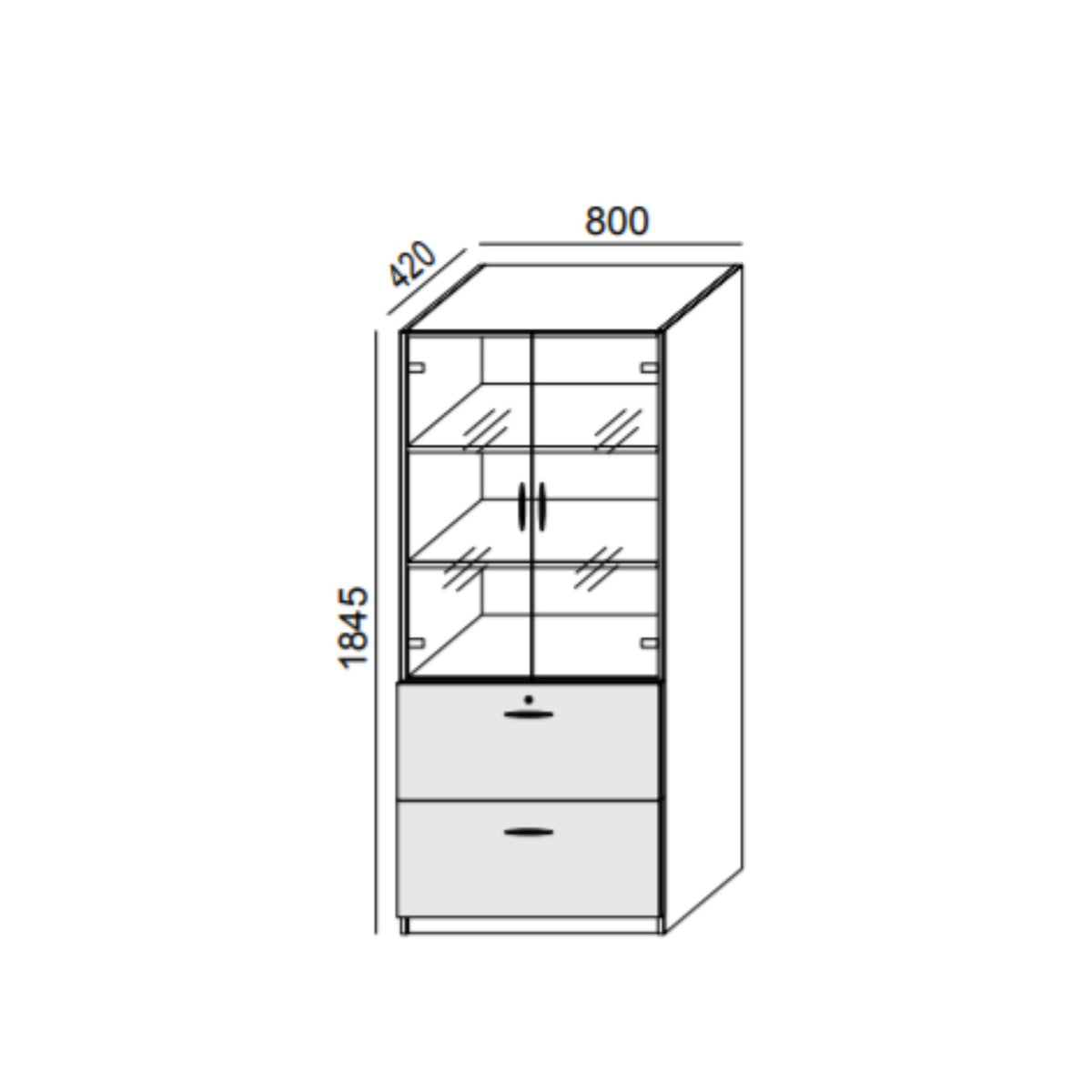 Biroja skapis PRO LINE, 2 atvilktnes+ 3 stikloti plaukti, 1845x800x420 mm, pamatnes rāmis, konfigurējams - Ergostock.lv