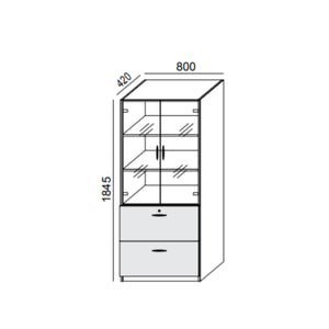 Biroja skapis PRO LINE, 2 atvilktnes+ 3 stikloti plaukti, 1845x800x420 mm, pamatnes rāmis, konfigurējams - Ergostock.lv