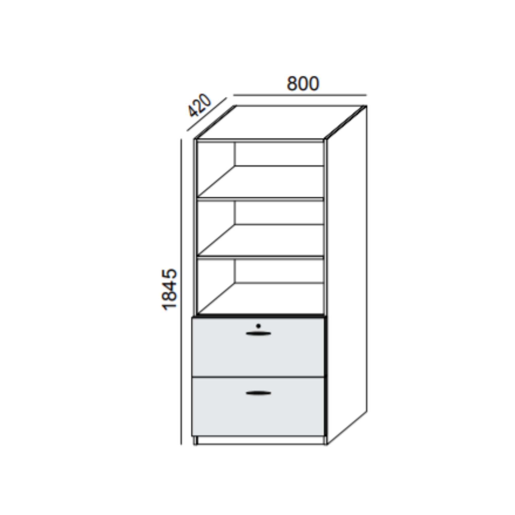 Biroja skapis PRO LINE, 2 atvilktnes un 3 plaukti, 1845x800x420 mm, pamatnes rāmis, konfigurējams - Ergostock.lv