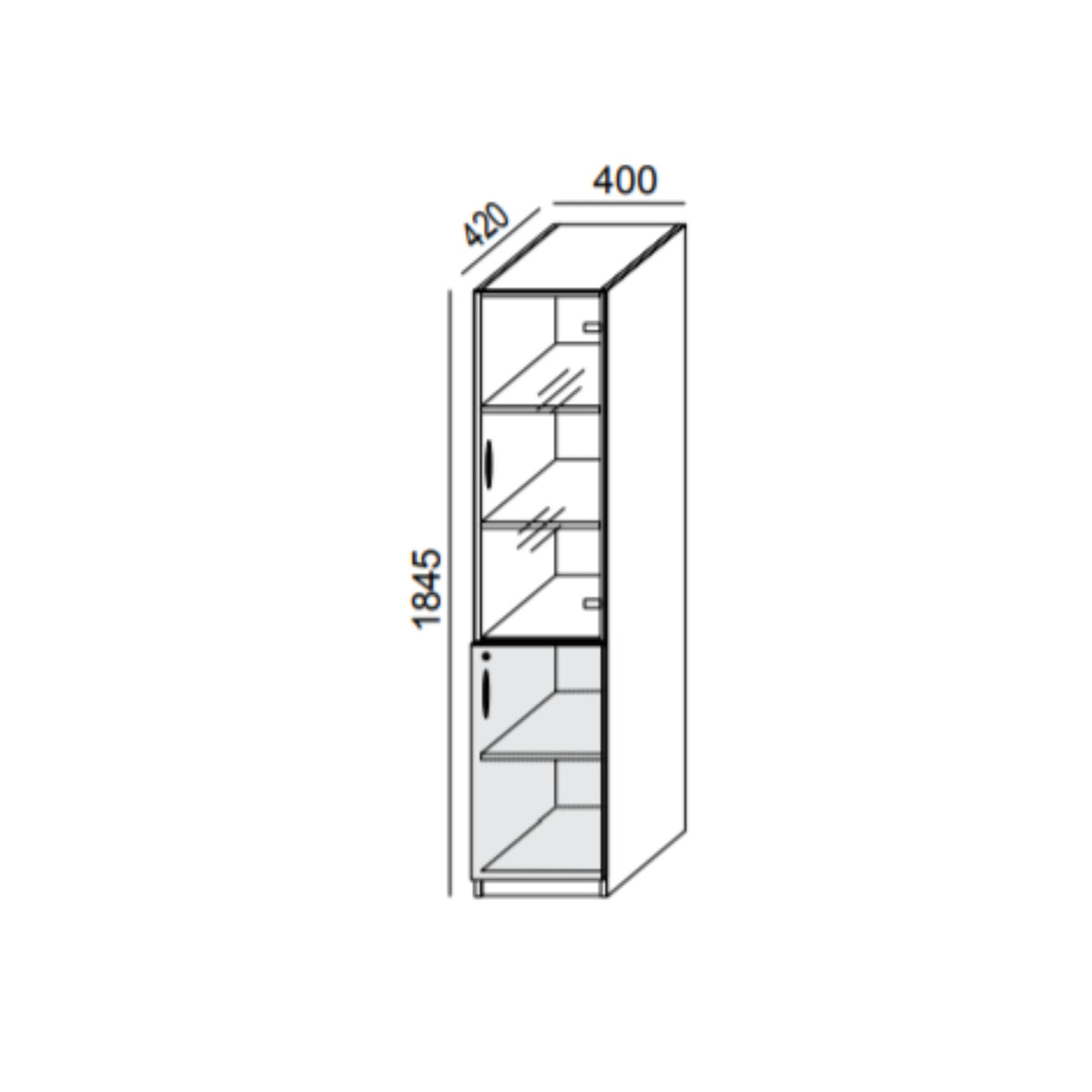 Biroja skapis PRO LINE, 2+3 stikloti plaukti, 1845x400x420 mm, pamatnes rāmis, konfigurējams - Ergostock.lv