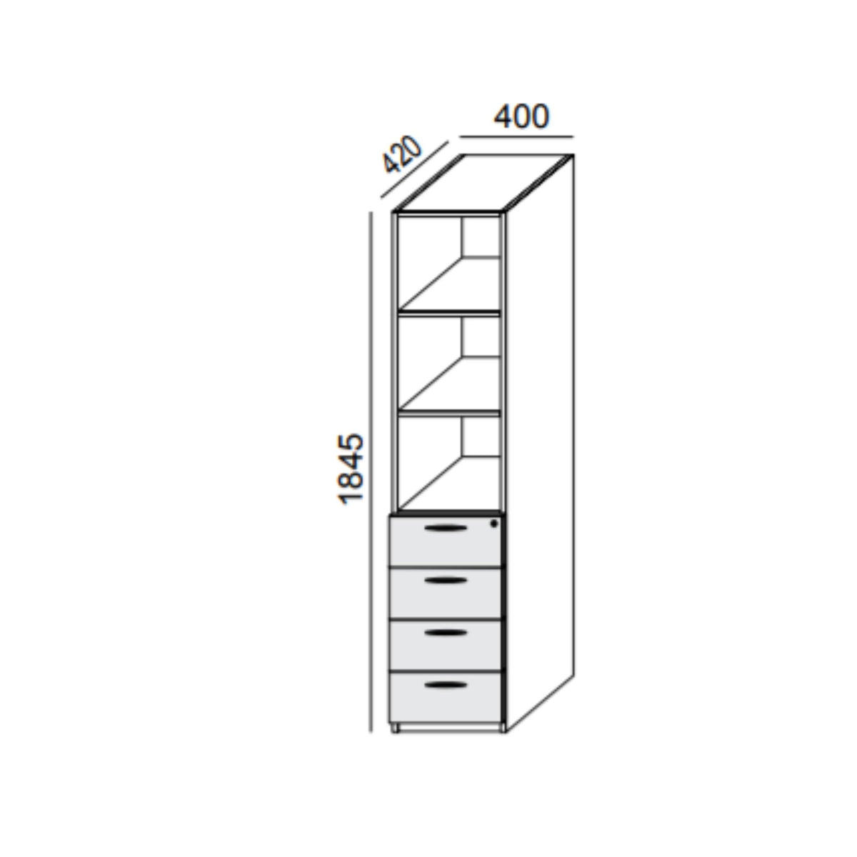 Biroja skapis PRO LINE, 4 atvilktnes+3 plaukti, 1845x400x420 mm, pamatnes rāmis, konfigurējams - Ergostock.lv
