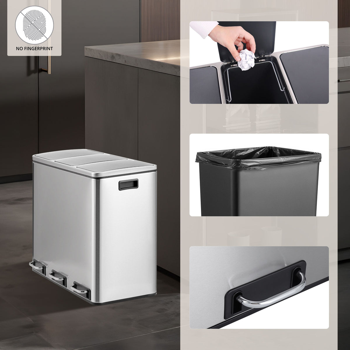 Atkritumu tvertne CLEAN PRO Silver 3 x 18 L