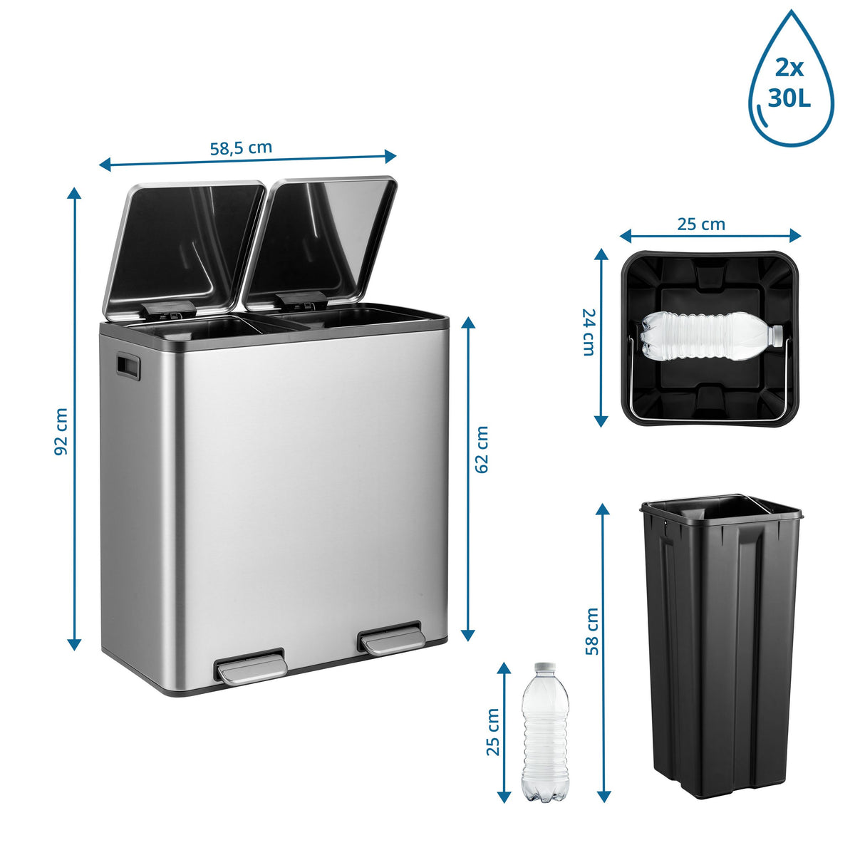 Atkritumu tvertne CLEAN Stainless 2 x 30 L