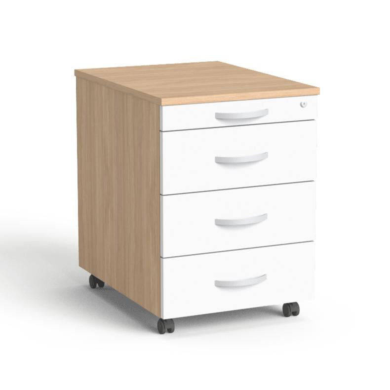 Atvilktņu bloks uz riteņiem, 4 atvilktnes, slēdzams, Amber Oak/ balts - Ergostock.lv