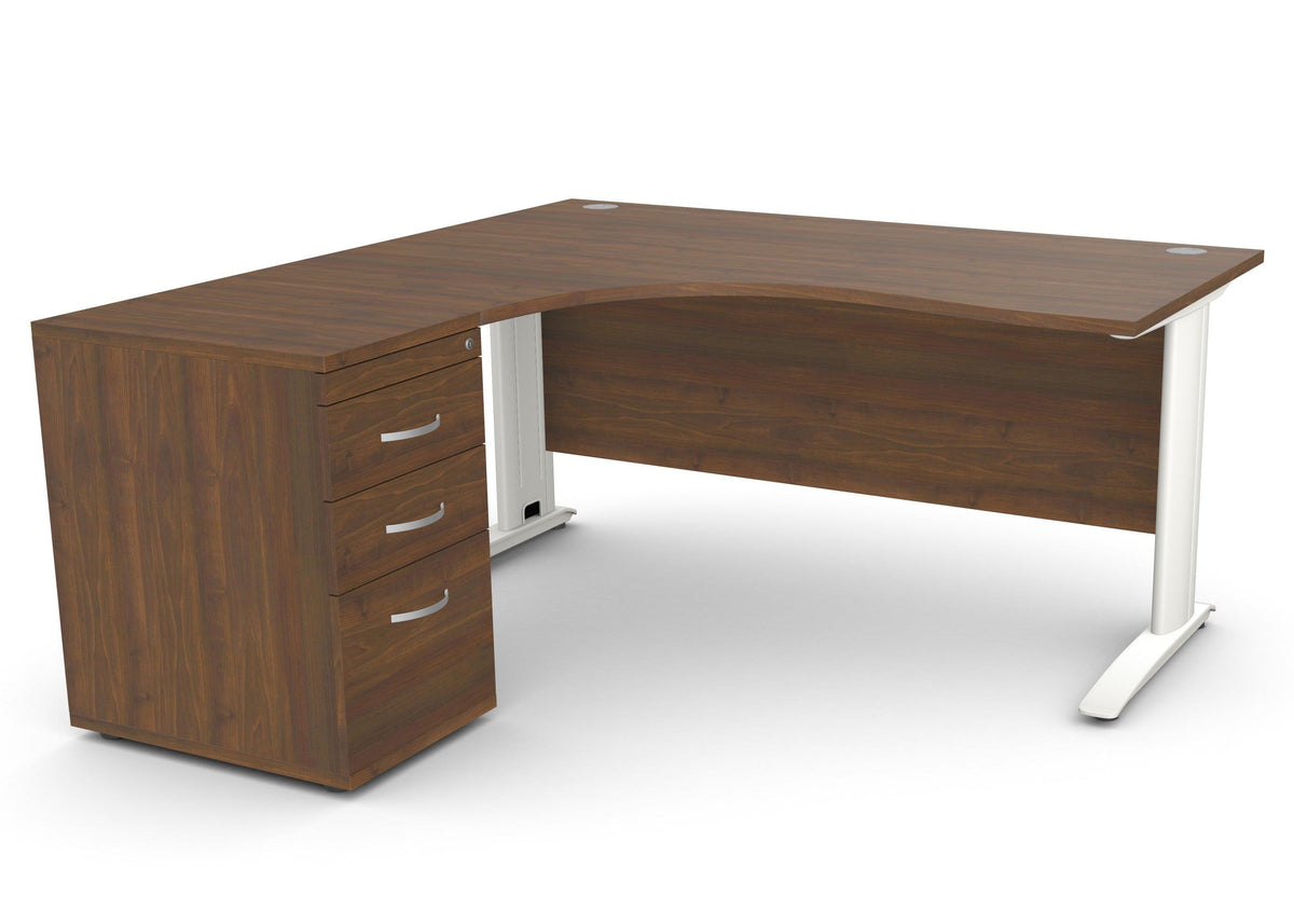 Biroja galds THEO CORNER SET 160 x 160 cm, ar atvilktņu bloku – Riekstkoks / Kreisajā pusē / Balta
