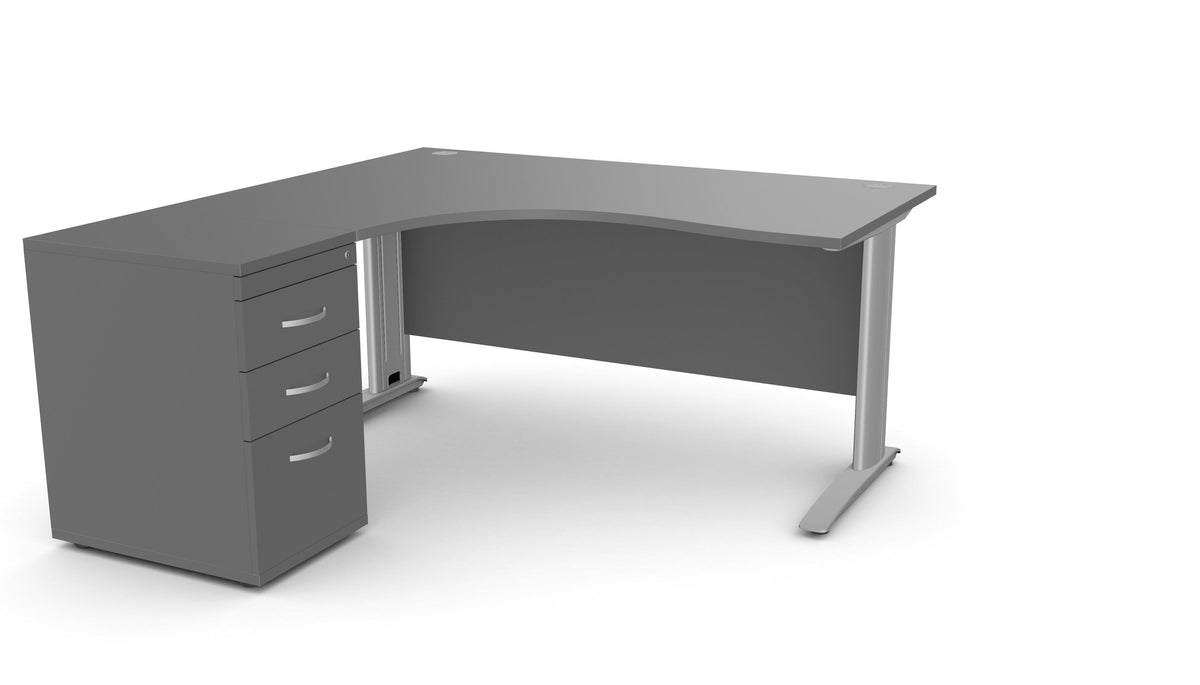 Biroja galds THEO CORNER SET 160 x 160 cm, ar atvilktņu bloku – Grafīta / Kreisajā pusē / Sudraba
