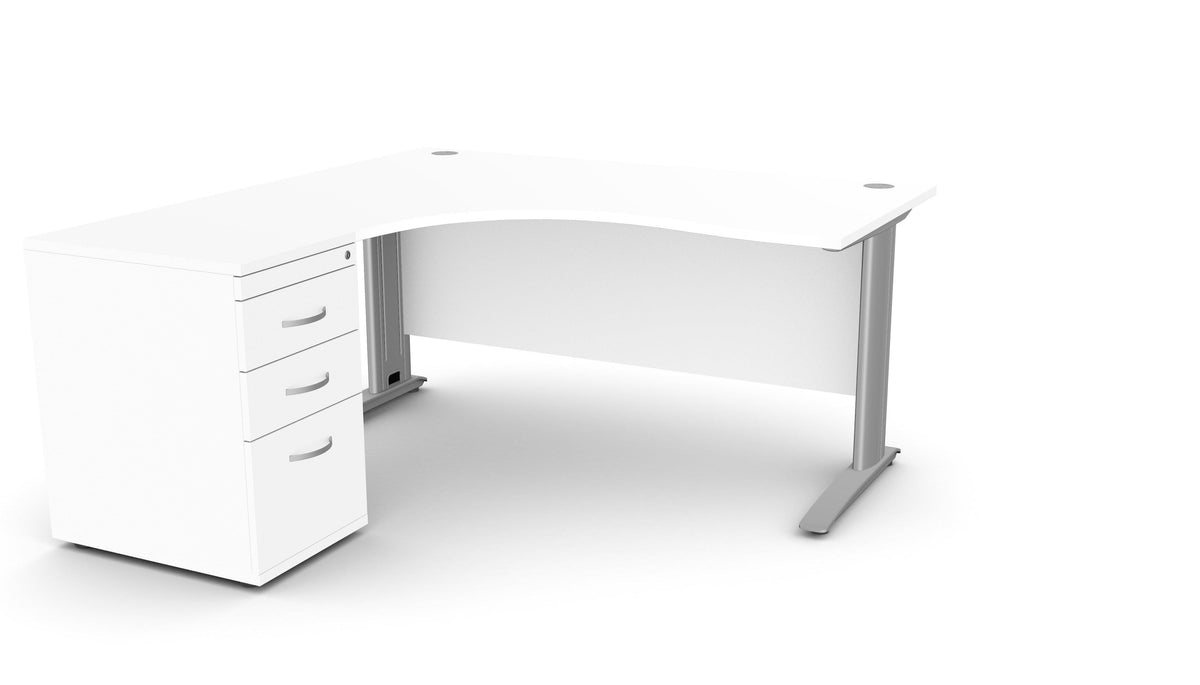 Biroja galds THEO CORNER SET 160 x 160 cm, ar atvilktņu bloku – Balta / Kreisajā pusē / Sudraba
