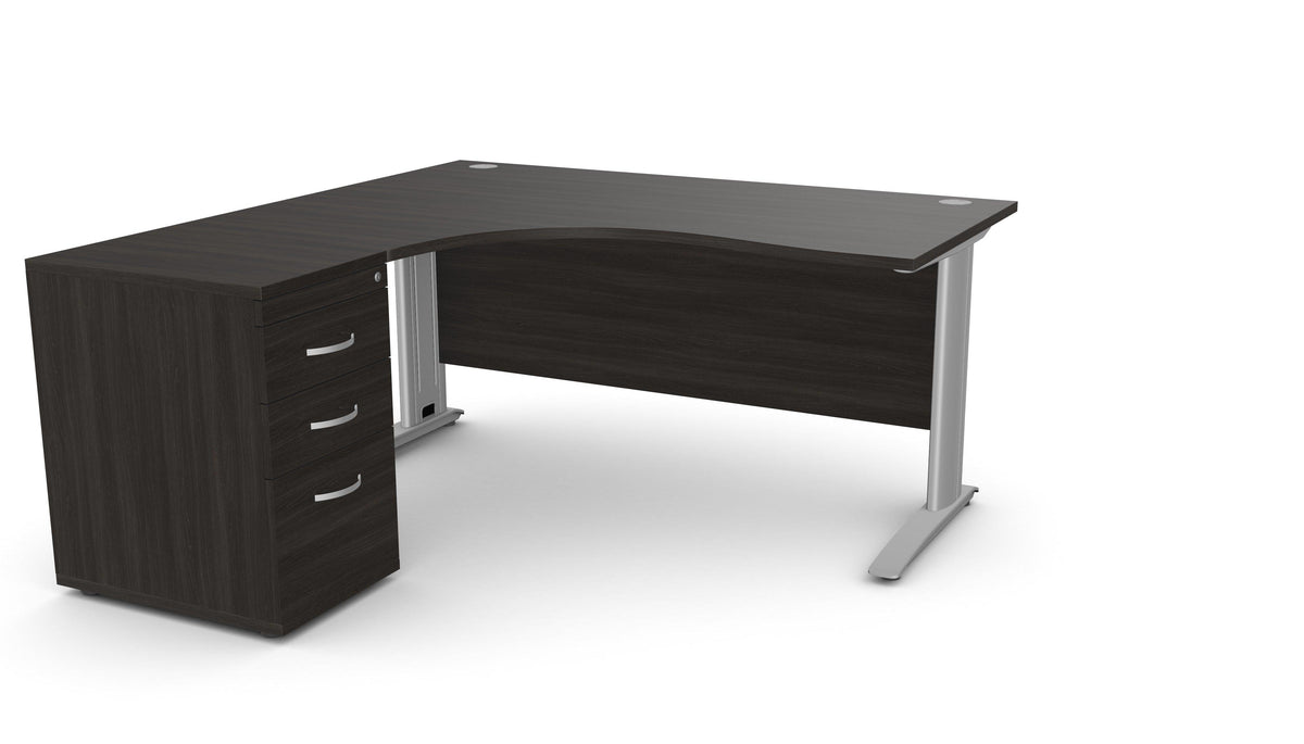 Biroja galds THEO CORNER SET 160 x 160 cm, ar atvilktņu bloku – Melna / Kreisajā pusē / Sudraba