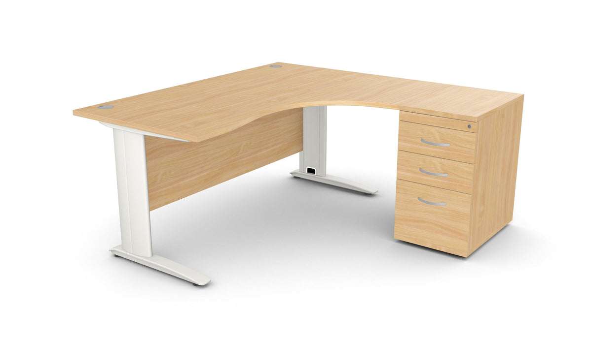 Biroja galds THEO CORNER SET 160 x 160 cm, ar atvilktņu bloku – Dižskābardis / Labajā pusē / Balta