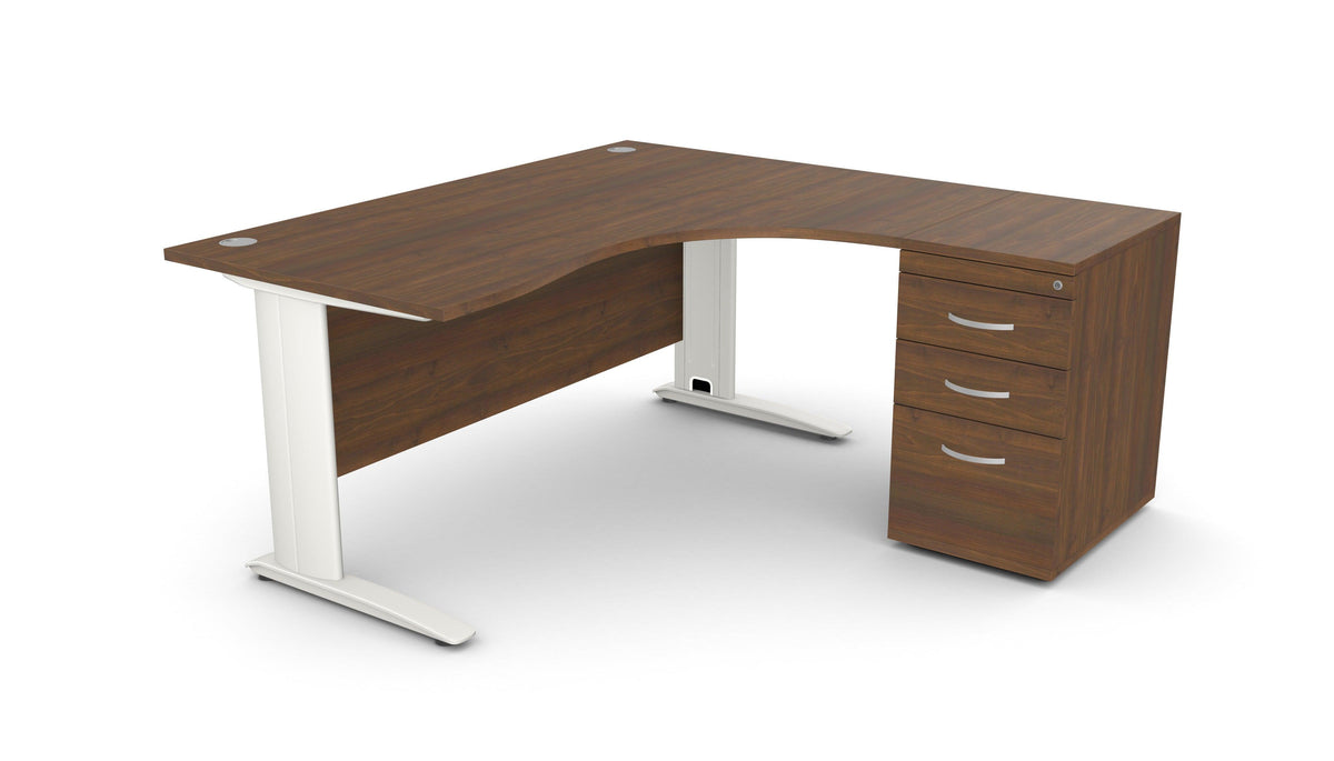 Biroja galds THEO CORNER SET 160 x 160 cm, ar atvilktņu bloku – Riekstkoks / Labajā pusē / Balta