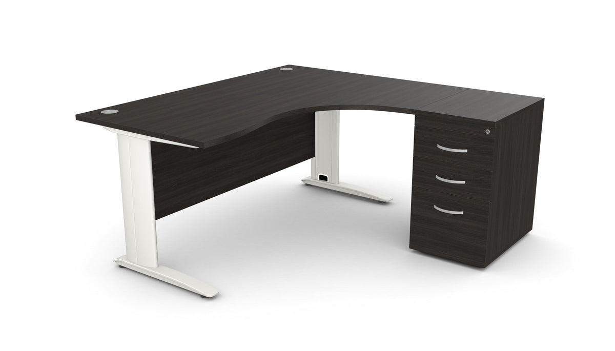 Biroja galds THEO CORNER SET 160 x 160 cm, ar atvilktņu bloku – Melna / Labajā pusē / Balta
