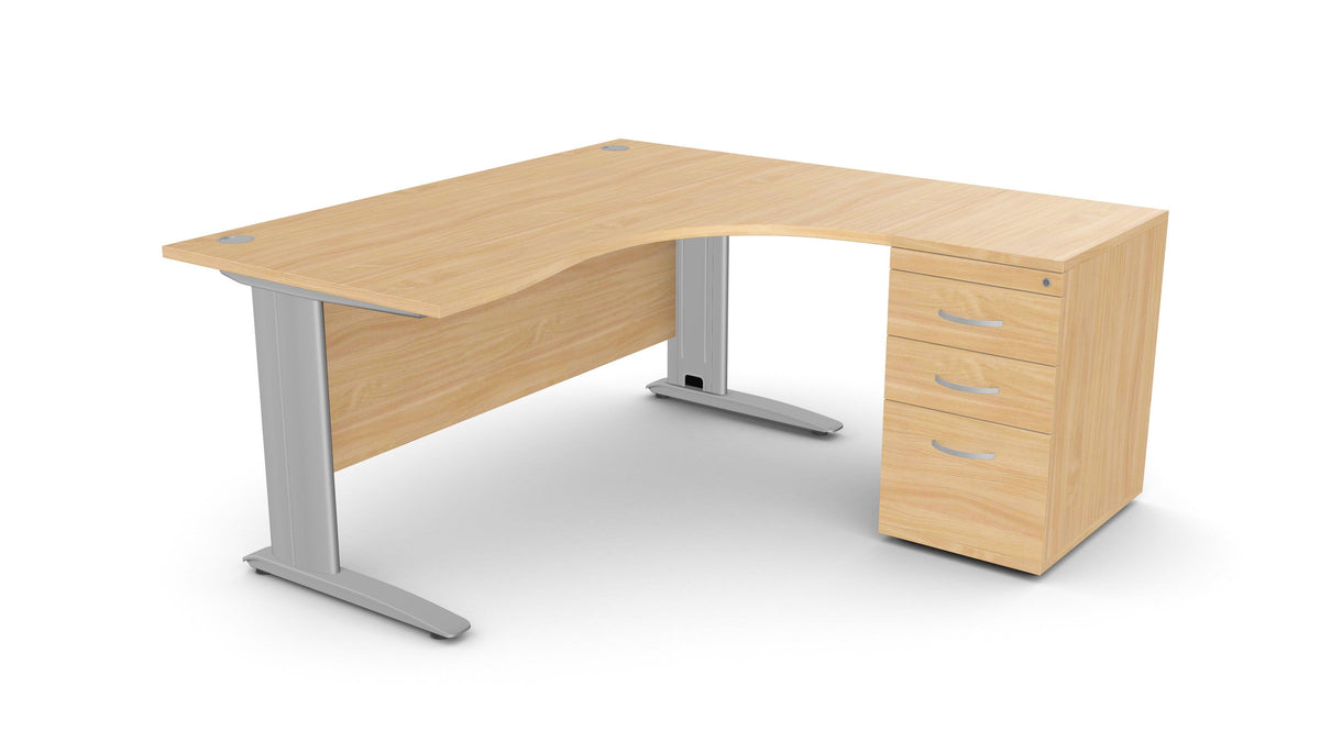 Biroja galds THEO CORNER SET 160 x 160 cm, ar atvilktņu bloku – Dižskābardis / Labajā pusē / Sudraba