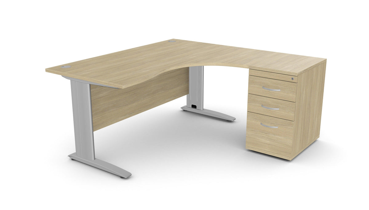 Biroja galds THEO CORNER SET 160 x 160 cm, ar atvilktņu bloku – Amber Oak / Labajā pusē / Sudraba