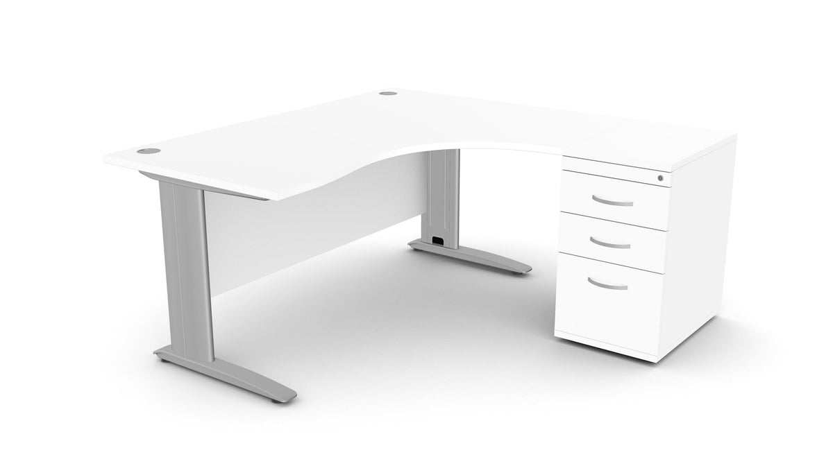 Biroja galds THEO CORNER SET 160 x 160 cm, ar atvilktņu bloku – Balta / Labajā pusē / Sudraba