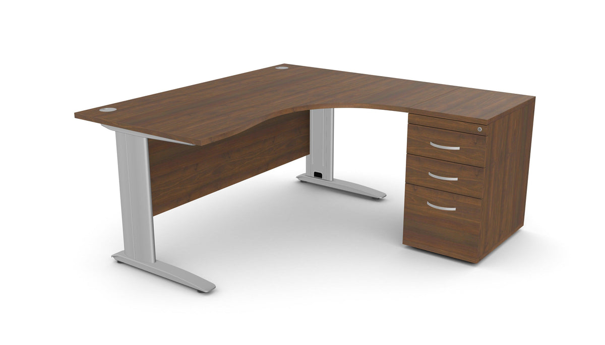 Biroja galds THEO CORNER SET 160 x 160 cm, ar atvilktņu bloku – Riekstkoks / Labajā pusē / Sudraba