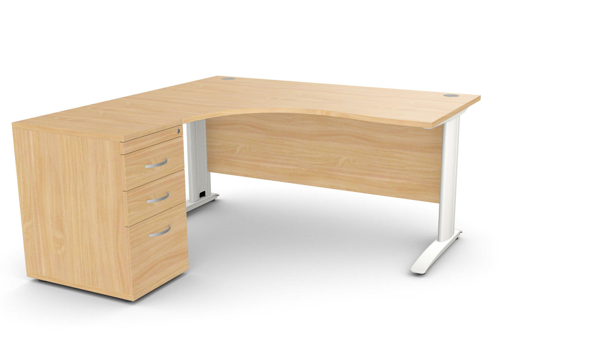 Biroja galds THEO CORNER SET 160 x 160 cm, ar atvilktņu bloku – Dižskābardis / Kreisajā pusē / Balta