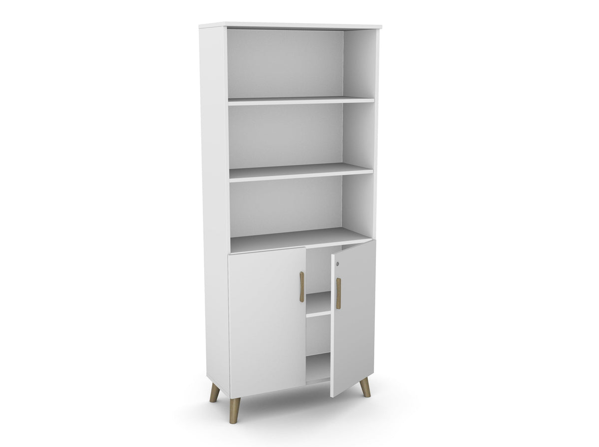 Biroja skapis Flexx, ar 3 atvērtiem plauktiem, 1800 x 800 x 355 mm – Balta / Koka kājiņas
