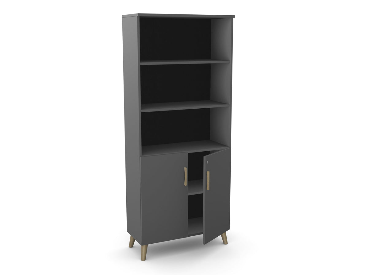 Biroja skapis Flexx, ar 3 atvērtiem plauktiem, 1800 x 800 x 355 mm – Grafīta / Koka kājiņas