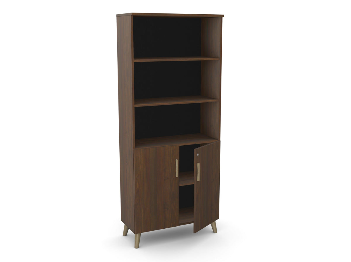 Biroja skapis Flexx, ar 3 atvērtiem plauktiem, 1800 x 800 x 355 mm – Riekstkoka / Koka kājiņas
