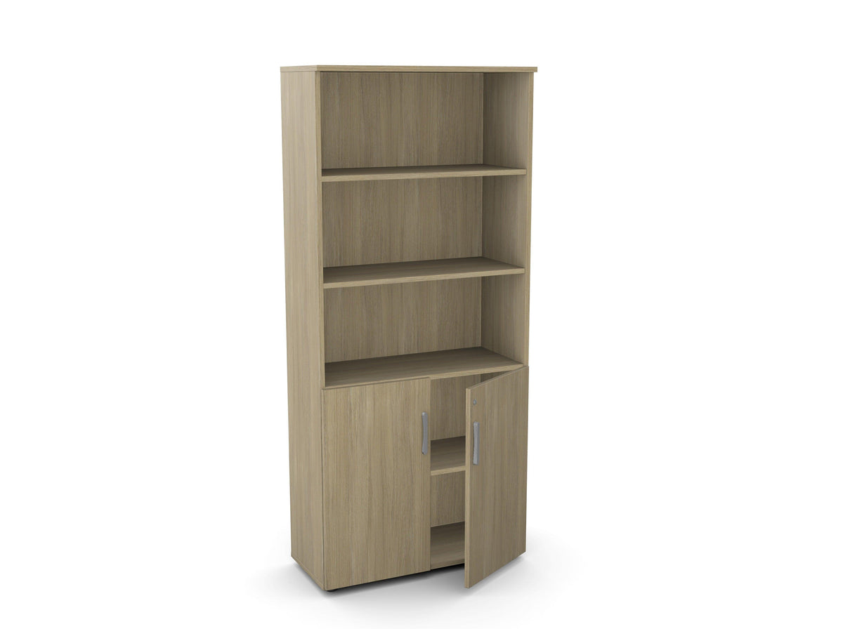 Biroja skapis Flexx, ar 3 atvērtiem plauktiem, 1800 x 800 x 355 mm – Amber Oak / Plastmasas kājiņas
