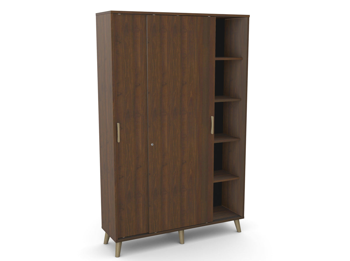 Biroja skapis Flexx, ar bīdāmām durvīm un 10 plauktiem, 1800 x 1200 x 355 mm – Riekstkoka / Koka kājiņas