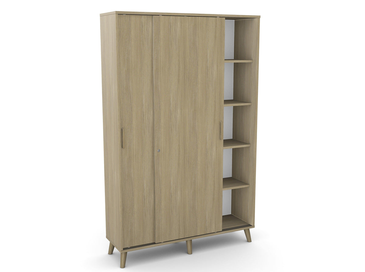 Biroja skapis Flexx, ar bīdāmām durvīm un 10 plauktiem, 1800 x 1200 x 355 mm – Amber Oak / Koka kājiņas
