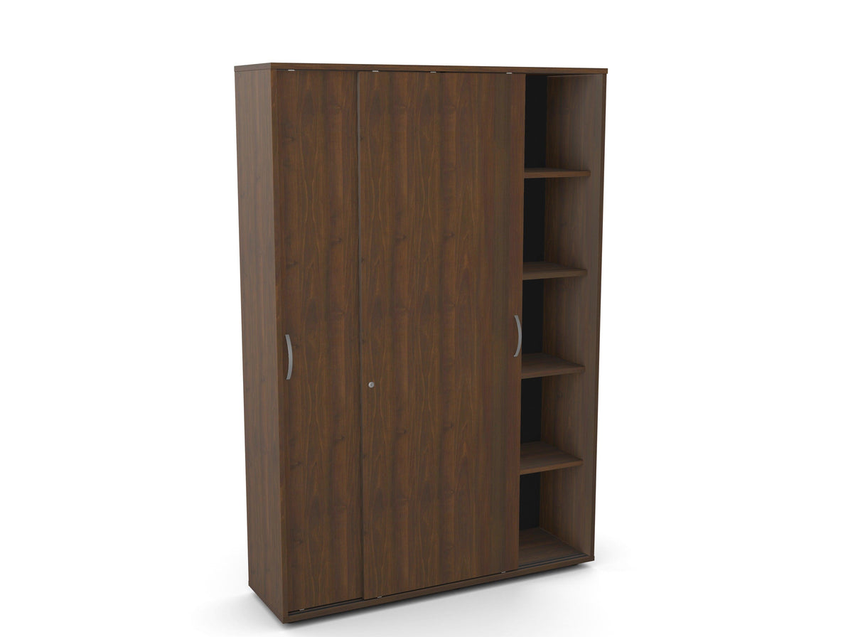 Biroja skapis Flexx, ar bīdāmām durvīm un 10 plauktiem, 1800 x 1200 x 355 mm – Riekstkoka / Pastmasas kājiņas