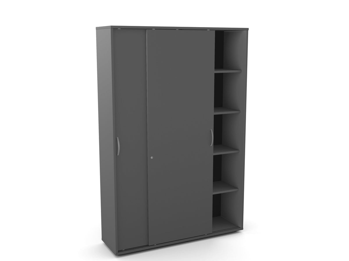 Biroja skapis Flexx, ar bīdāmām durvīm un 10 plauktiem, 1800 x 1200 x 355 mm – Grafīta / Pastmasas kājiņas