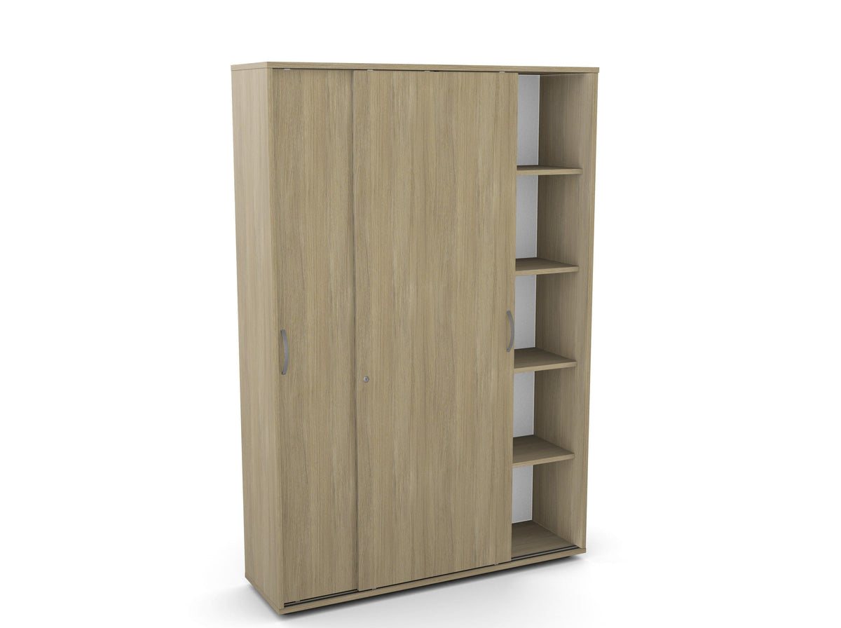 Biroja skapis Flexx, ar bīdāmām durvīm un 10 plauktiem, 1800 x 1200 x 355 mm – Amber Oak / Pastmasas kājiņas