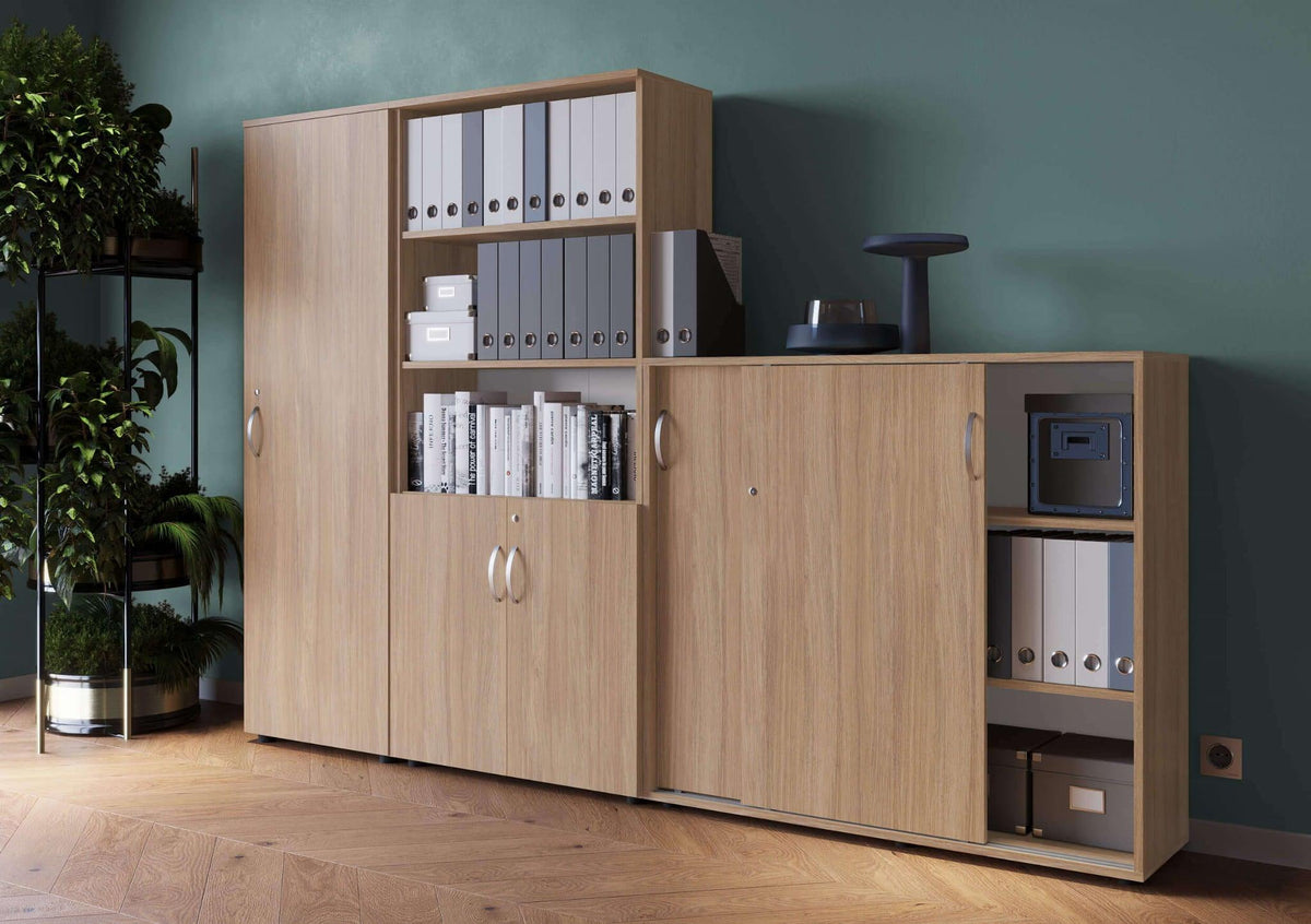 Biroja skapju komplekts Flexx One, trīs skapji, kopējais platums 256 cm, Amber Oak-Ergostock