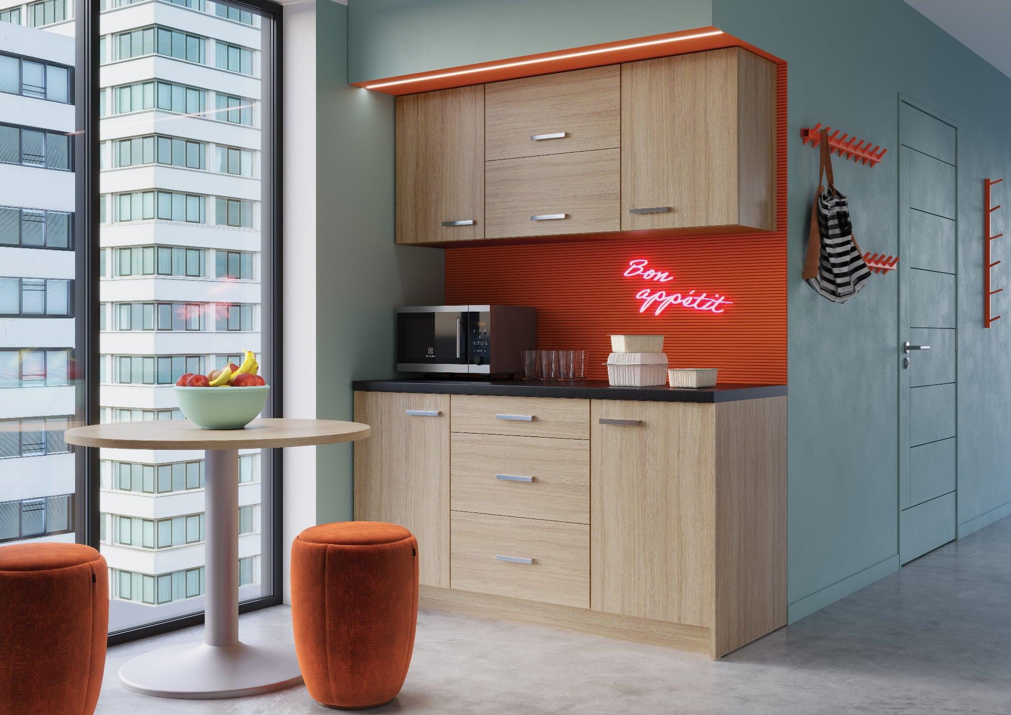 Biroja virtuve Ergostock Oak Kitchenette ar kafijas galdiņu-Ergostock