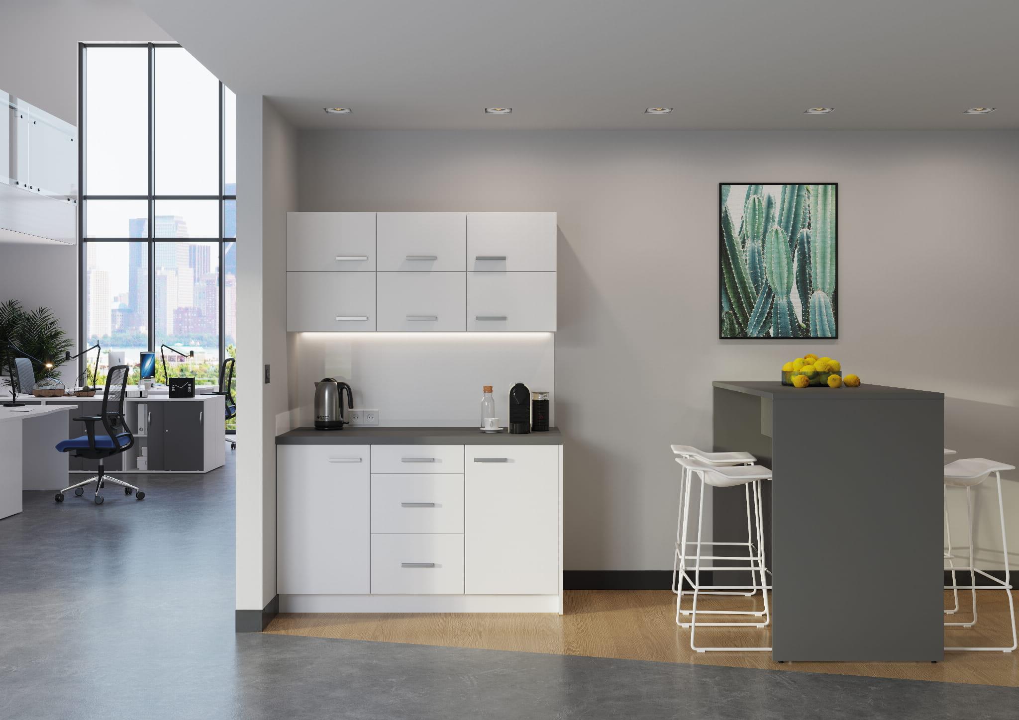 Biroja virtuve Ergostock White Kitchenette ar augstu galdu-Ergostock