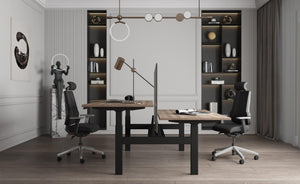 Elektriski augstumā regulējams galds Prestige Line DUO, melns statīvs un American oak galda virsma