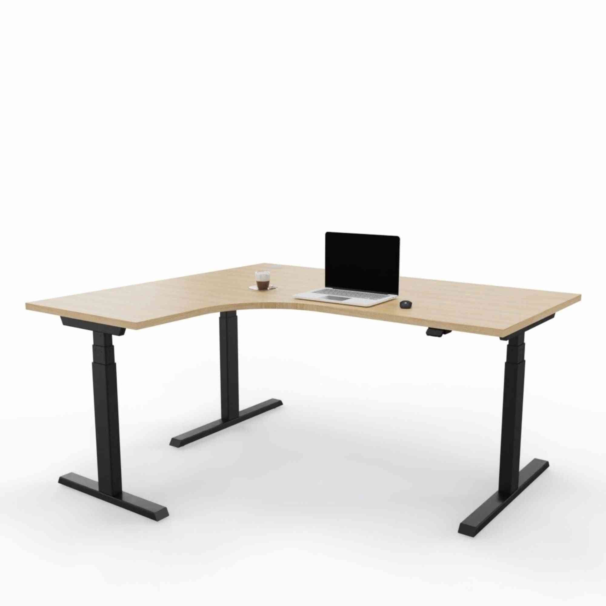 Elektriski augstumā regulējams galds Prestige Line, L forma, 160 cm x 120 cm ar gaiša koka virsmu un melnu rāmi, ideāli piemērots birojam.