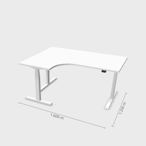 Elektriski regulējams galds Prestige Line ar baltu virsmu un rāmi, L formas dizains, 160x120 cm, ergonomiskai darba videi.