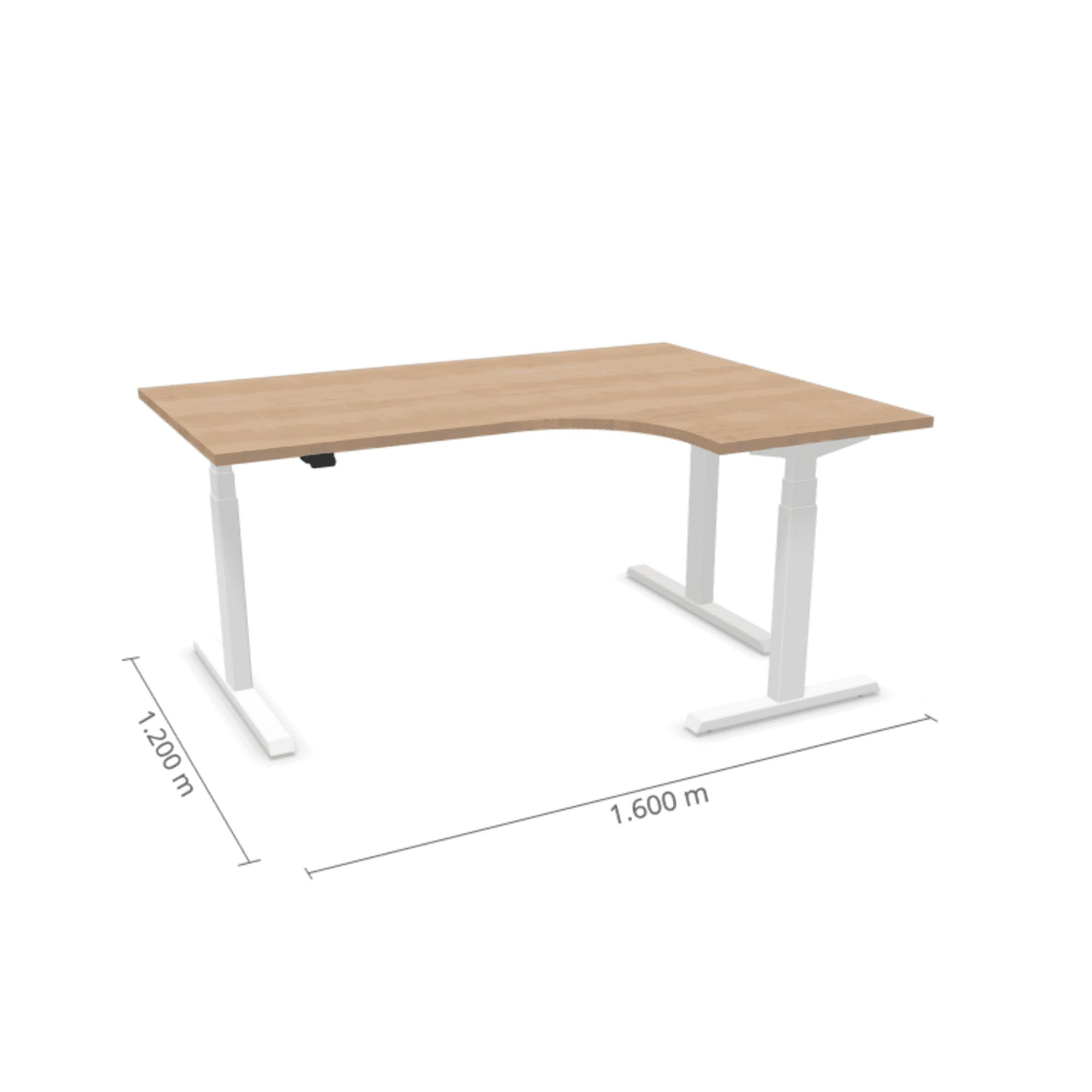 Elektriski augstumā regulējams galds Prestige Line, L forma, 160 cm x 120 cm ar baltu rāmi. Stūra biroja galds ar ergonomisku dizainu un koka virsmu.