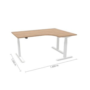 Elektriski augstumā regulējams galds Prestige Line, L forma, 160 cm x 120 cm ar baltu rāmi. Stūra biroja galds ar ergonomisku dizainu un koka virsmu.