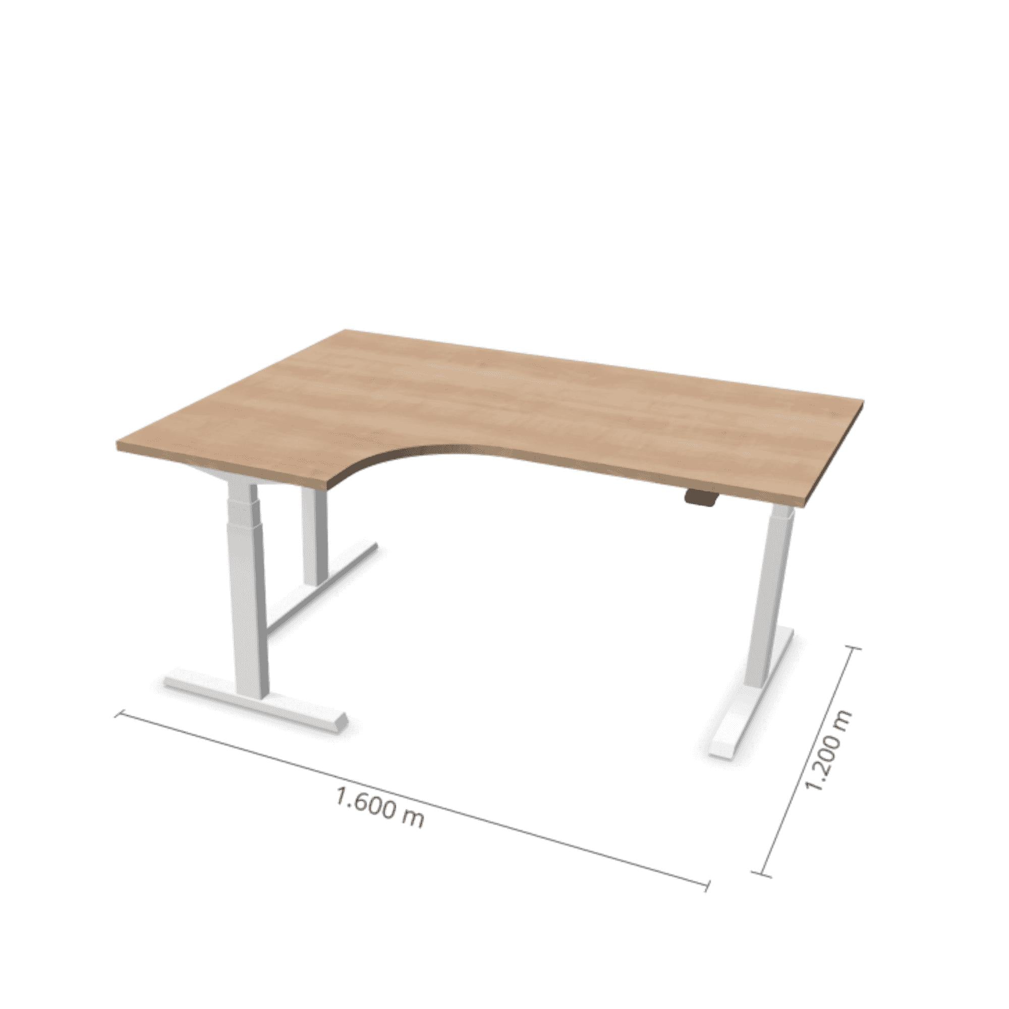 Prestige Line L formas galds ar elektrisku augstuma regulēšanu, 160x120 cm, balts rāmis un gaiša koka virsma, ideāli piemērots birojam.
