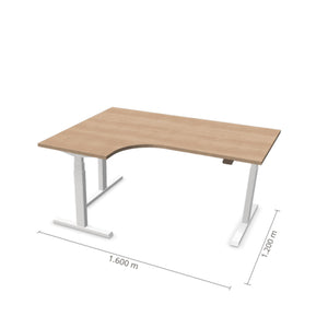 Prestige Line L formas galds ar elektrisku augstuma regulēšanu, 160x120 cm, balts rāmis un gaiša koka virsma, ideāli piemērots birojam.