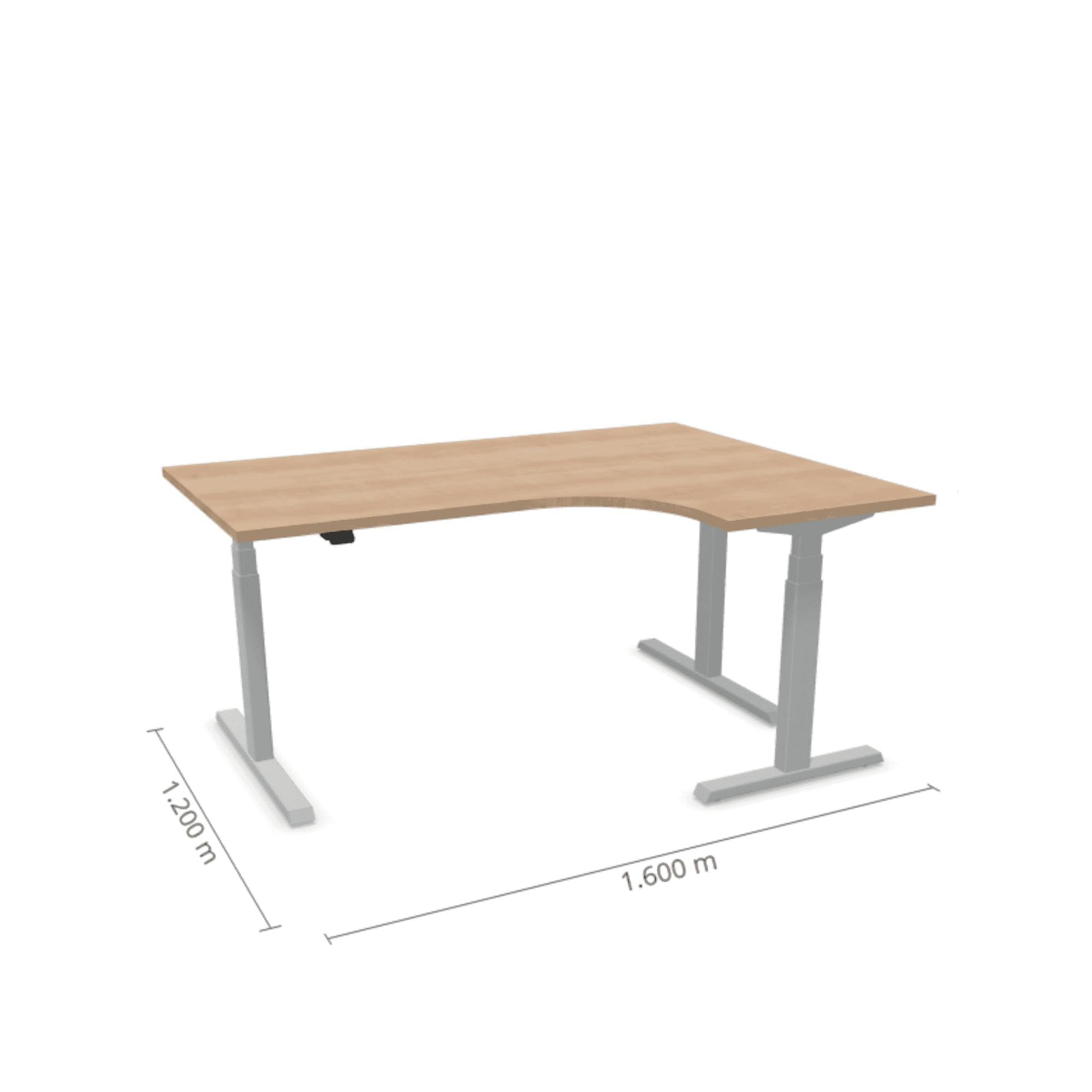 Elektriski regulējams stūra galds Prestige Line ar pelēku rāmi, 160x120 cm, ar izturīgu 25mm biezu virsmu, piemērots ergonomiskai darba videi.