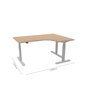 Elektriski regulējams stūra galds Prestige Line ar pelēku rāmi, 160x120 cm, ar izturīgu 25mm biezu virsmu, piemērots ergonomiskai darba videi.