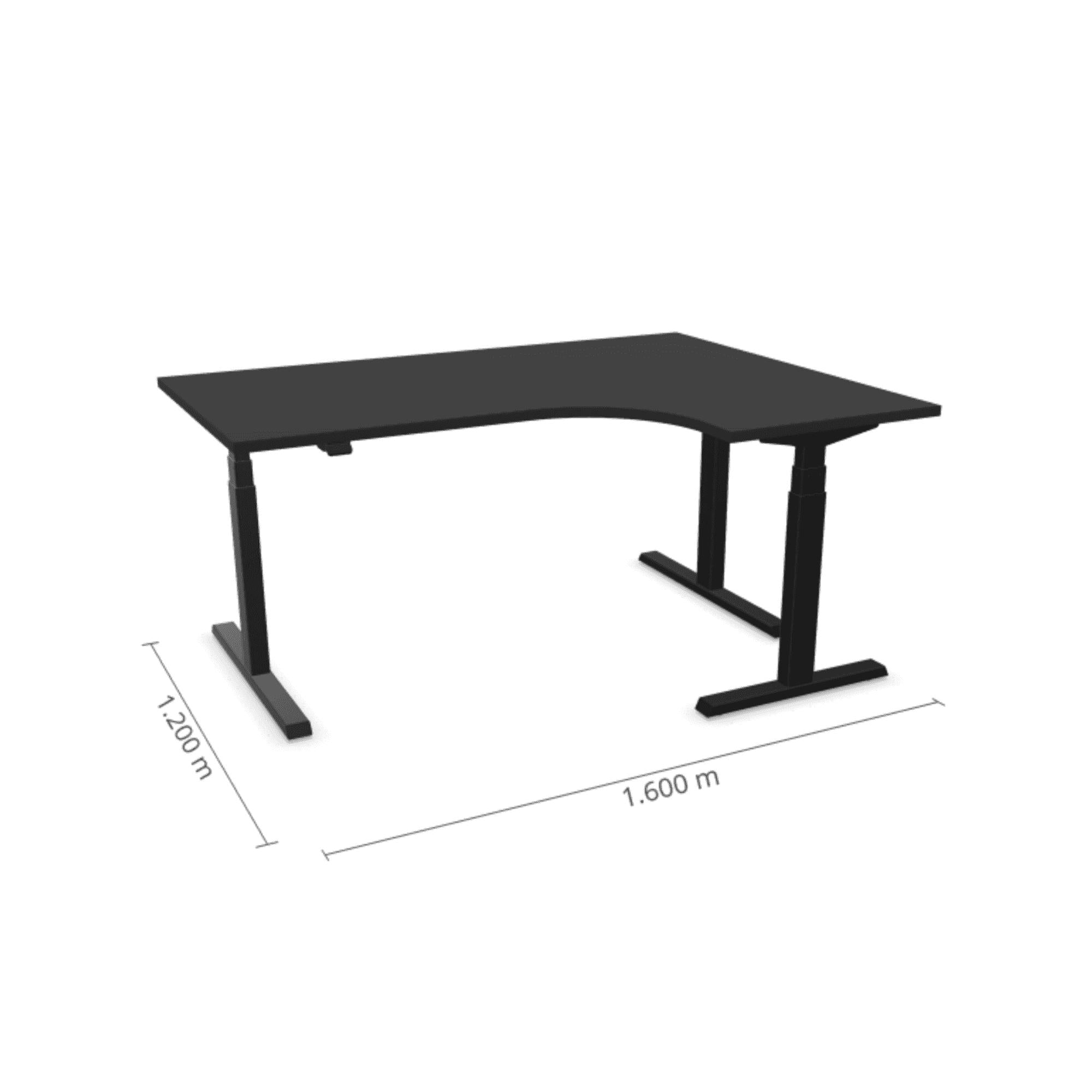 Melns L formas galds Prestige Line ar elektrisko augstuma regulēšanu, izmēri 160x120 cm, piemērots ergonomiskai darba videi.