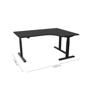 Melns L formas galds Prestige Line ar elektrisko augstuma regulēšanu, izmēri 160x120 cm, piemērots ergonomiskai darba videi.