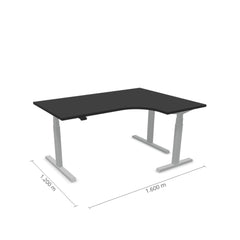 Melns L formas galds Prestige Line ar pelēku rāmi, elektriski regulējams augstums, 160x120 cm, piemērots biroja lietošanai.