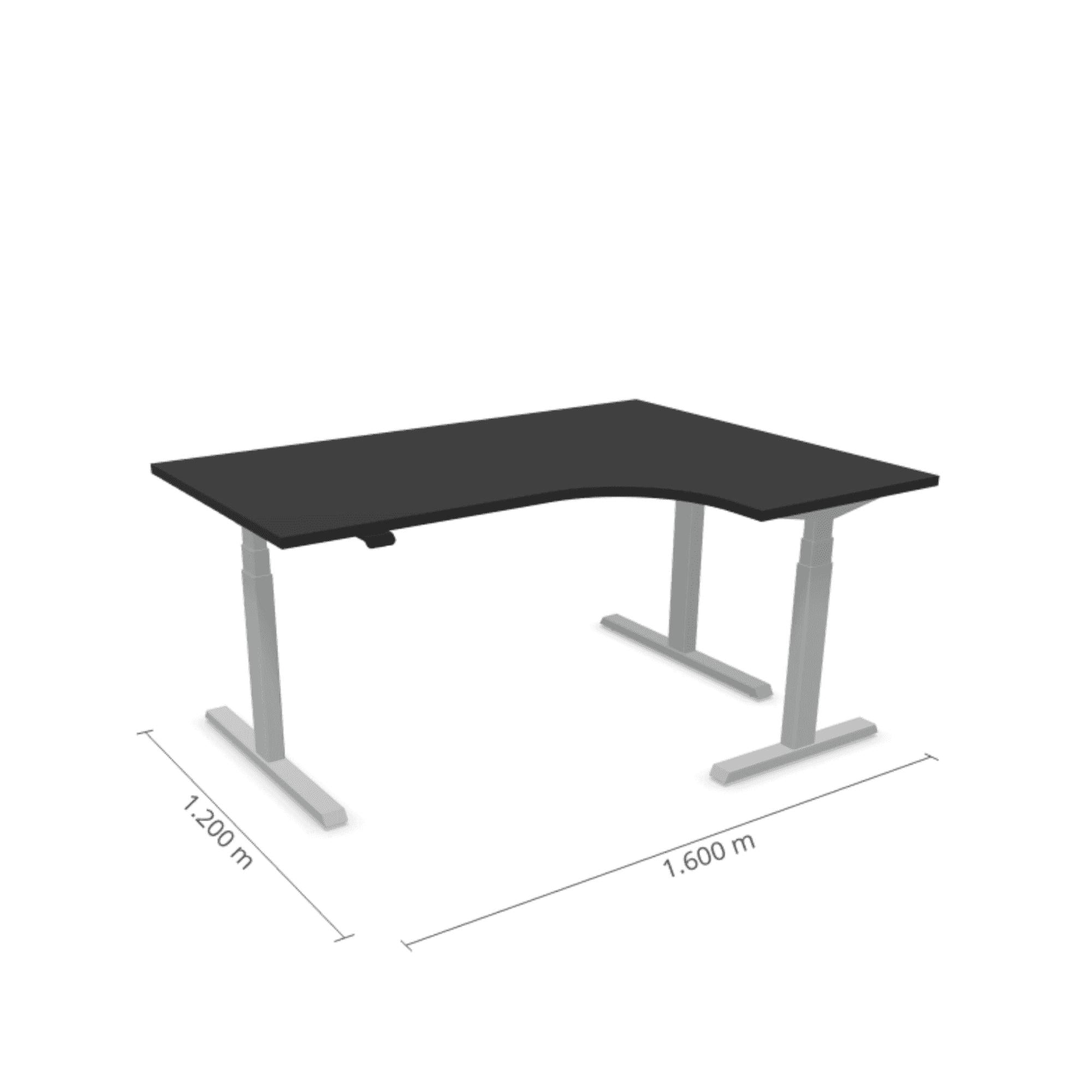 Melns L formas galds Prestige Line ar pelēku rāmi, elektriski regulējams augstums, 160x120 cm, piemērots biroja lietošanai.