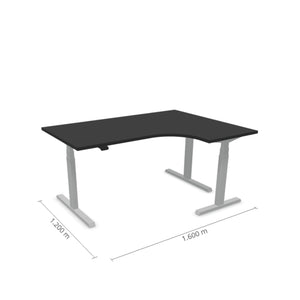 Melns L formas galds Prestige Line ar pelēku rāmi, elektriski regulējams augstums, 160x120 cm, piemērots biroja lietošanai.