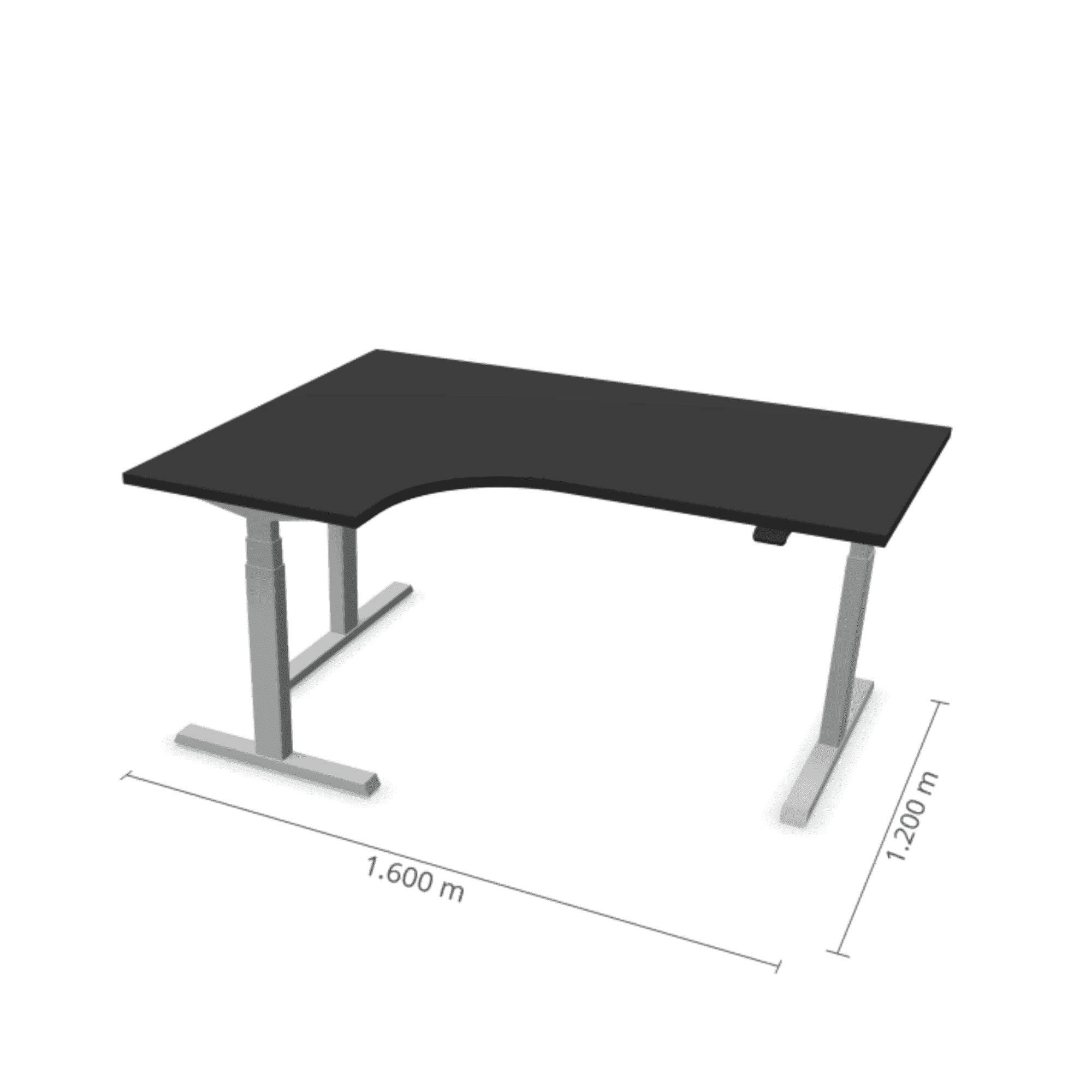 Elektriski regulējams galds Prestige Line ar melnu virsmu un pelēku rāmi, L formas dizains, 160x120 cm, stūra darba vietai.