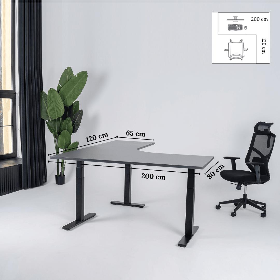 Elektriski augstumā regulējams galds Prestige Line L forma 200 cm x 120 cm-Antracīts-Melna-Labais-Ergostock